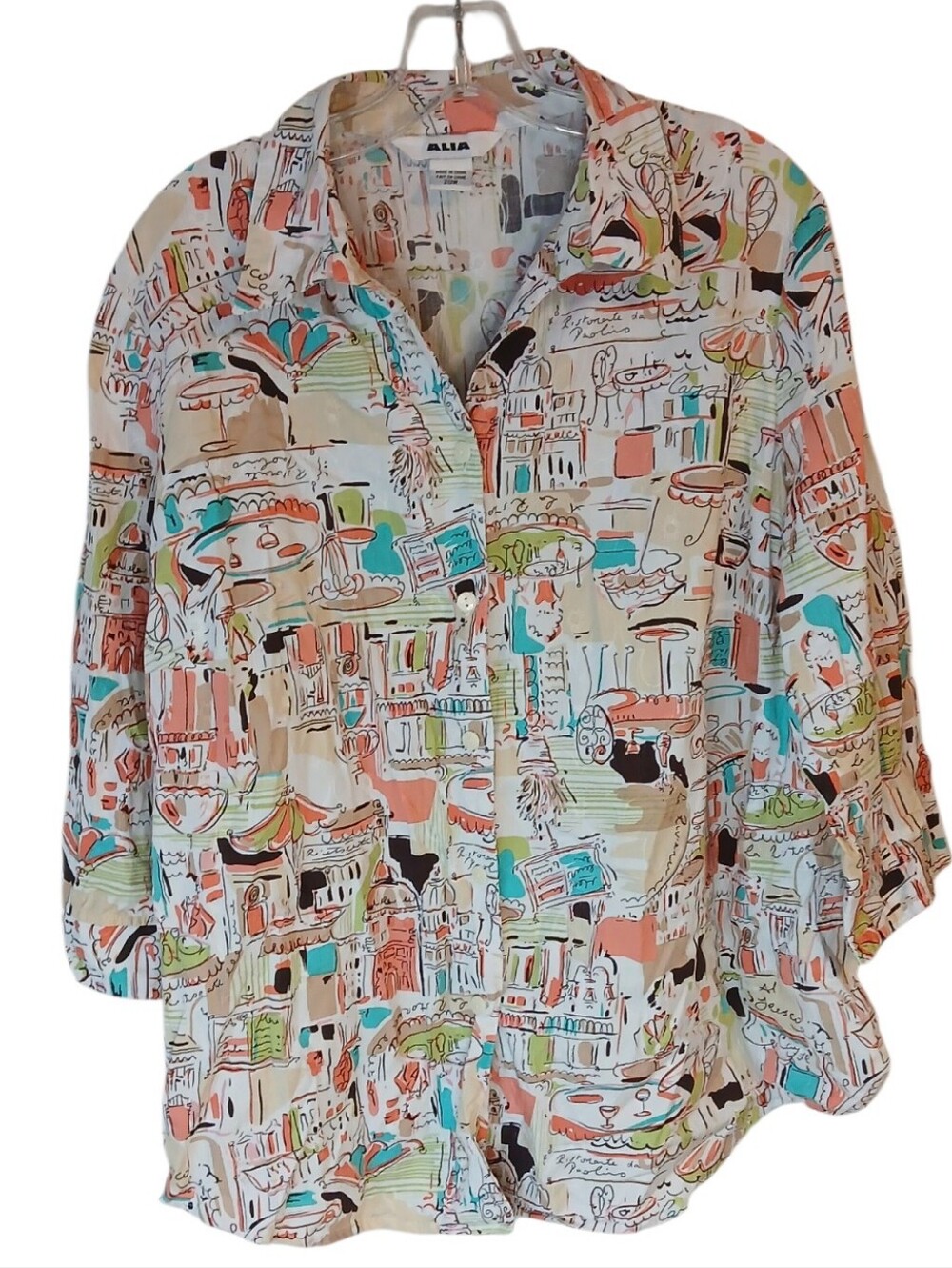 Alia Vintage Multicolor French Cafe Button-Up Blouse Size 20W